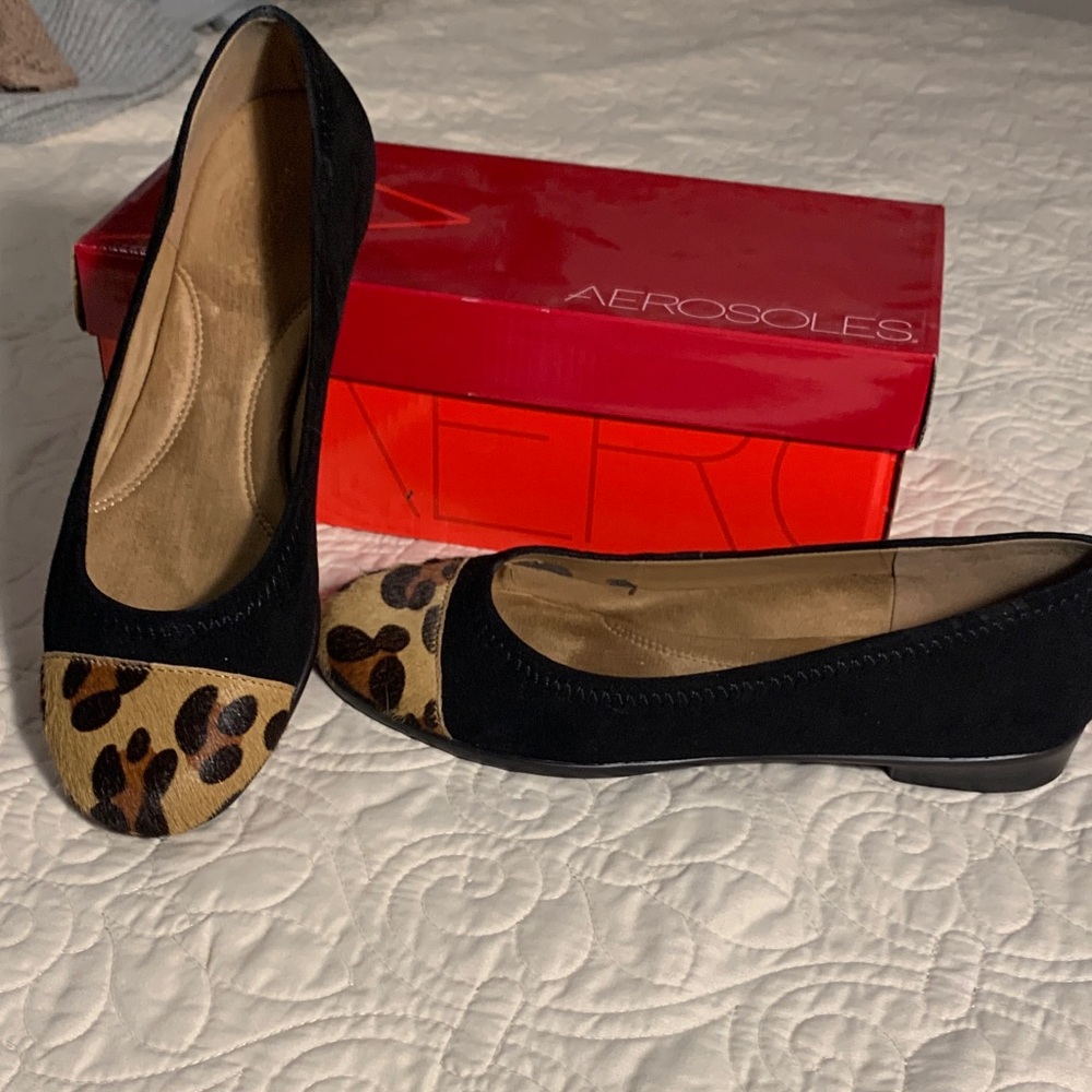 Aerosoles Black Suede Ballet Flats with Leopard Toe Accent NEW